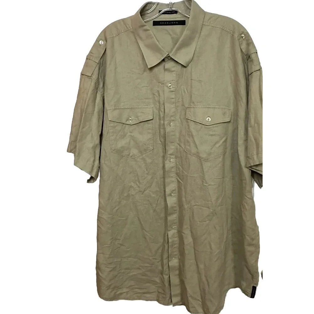 Sean John Shirt Men Size 3XB Khaki Collared‎ Short Sleeve Pockets Button-Up
